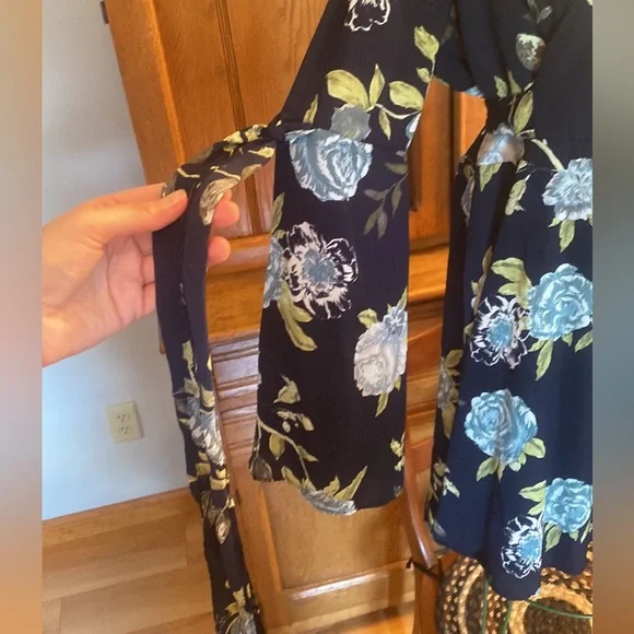 Maurices Floral Mini Dress - Blue and Green boho trumpet sleeves navy sage XL - Picture 10 of 16